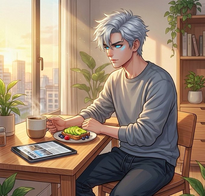 In this image, there's a man sitting at a wooden dining table with breakfast foods spread out before him, including toast, avocado, and blueberries. He has a cup of coffee nearby along with two sandwiches placed next to his plate. A book is also visible on the table close to the man. The room features a chair in front of the dining table where he sits, and there are some plants surrounding the area as well.