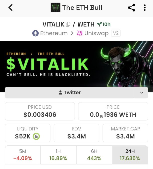 The image shows a token tracker page for "$VITALIK" on Uniswap V2, created by "The ETH Bull," with a meme banner reading "$VITALIK CAN'T SELL. HE IS BLACKLISTED," priced at $0.003406 (0.051936 WETH) with $3.4M market cap and a 17,635% 24H gain. It relates to the post by showcasing the $VITALIK meme coin as the speculative ETH counterpart in a crosschain bet that pairs $ANSEM for SOL, $CZ for BNB, and $VITALIK for ETH.