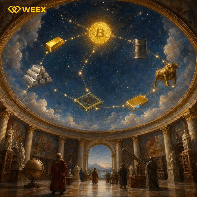 An ornate, classical-style ceiling depicting a starry sky with symbols of wealth including a Bitcoin, gold bars, silver, an oil barrel, and a bull, with the 'WEEX' logo in the corner.