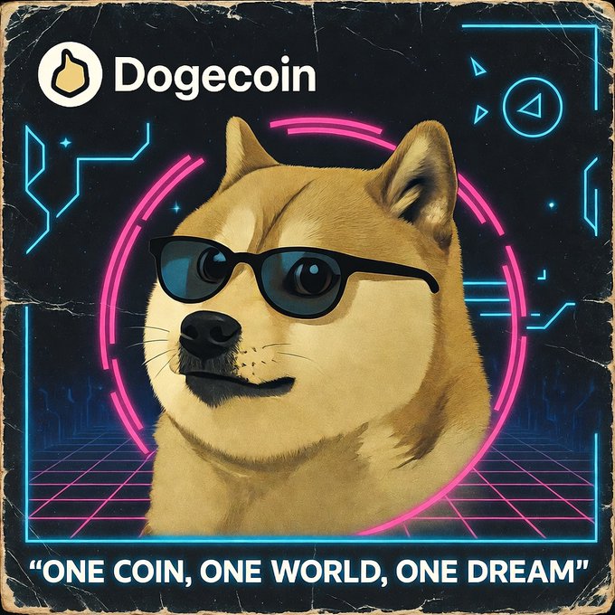 A retro-styled poster featuring a Shiba Inu dog wearing sunglasses, branded with 'Dogecoin' and the tagline 'ONE COIN, ONE WORLD, ONE DREAM'.