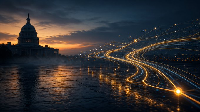 A dramatic dusk view of the U.S. Capitol dome silhouetted against an orange sunset, with flowing golden light trails and network nodes sweeping across the right side of the frame, symbolizing the procedural and regulatory pathways of digital commodity legislation discussed in the post about Senate cloture and CFTC/SEC jurisdictional lines.
