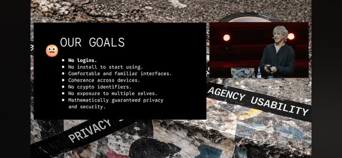 A speaker presents "OUR GOALS" slide listing design principles like "No logins," "Comfortable and familiar interfaces," and "Mathematically guaranteed privacy and security," with overlays reading "PRIVACY" and "AGENCY USABILITY," aligning with Parity's tech-focused yet jargon-heavy approach highlighted in the parody dictionary.