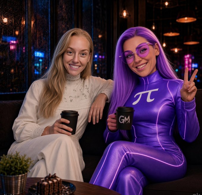 A blonde woman in a white lace dress sits next to someone in a purple bodysuit with "π" on the chest and a "GM" coffee cup, both smiling and flashing peace signs in a neon-lit lounge. The pairing reflects the post's blend of "Web3 and IRL characters," matching the crypto slang "GM" (good morning, here swapped for goodnight) with the π-themed digital persona.