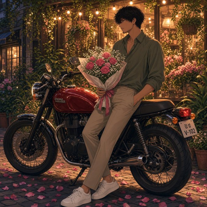 An anime-style illustration of a young man holding a bouquet of pink roses while sitting on a red motorcycle in a romantic, flower-filled street setting.
