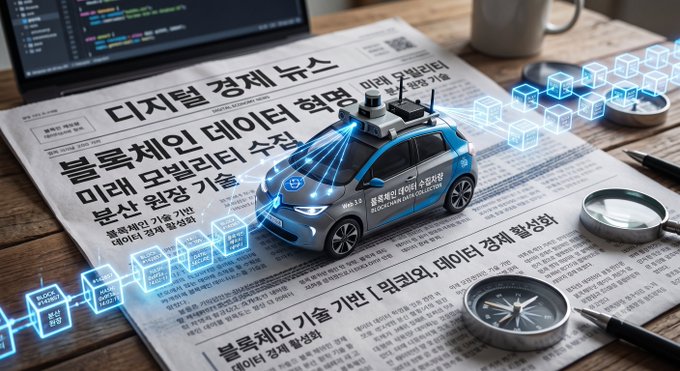 A small robotic car model sits atop a Korean-language newspaper headline about digital economic news and blockchain data innovation, accompanied by a magnifying glass, compass, and coffee mug on a wooden desk.