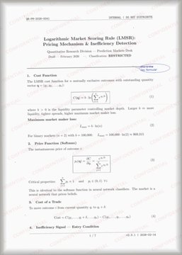 A quantitative research paper titled 'Logarithmic Market Scoring Rule (LMSR): Pricing Mechanism & Inefficiency Detection' by Professor Sudeep Bera, dated February 4th.