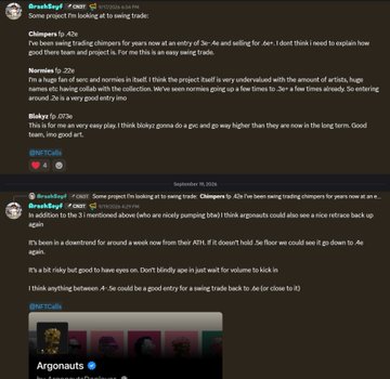 A Discord chat screenshot where users are discussing a group project for using trading chimpers for years as an entry to 3e.