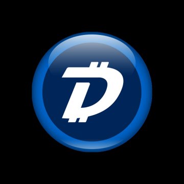 The image displays the Digibyte (DGB) cryptocurrency logo, featuring a stylized white "D" letter inside a glossy blue circular emblem on a black background.