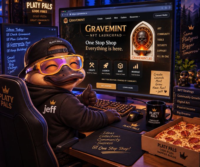 An anthropomorphic platypus character wearing yellow sunglasses and a 'PLATY PALS' cap works at a computer displaying the GRAVEMINT NFT LAUNCHPAD website, surrounded by branded merchandise including a pizza box labeled 'PLATY PALS GOOD PIZZA HAPPIER BUILDS.'