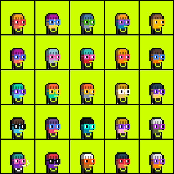 A 5x5 grid of 25 pixel-art character sprites in colorful glasses and varied hairstyles is displayed against bright yellow backgrounds, showcasing sample designs for the upcoming "Robin Punk" NFT collection launching on Robinhood Chain. The post promotes the 10,000 unique Punks drop, which is four days away, directing collectors to view the full collection on OpenSea and submit their wallet addresses for launch.