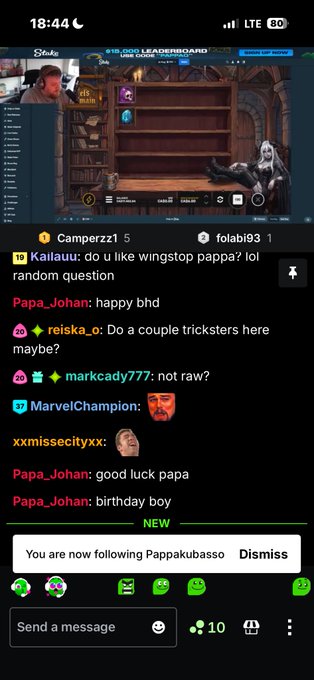 Kick.com live stream chat screenshot showing a streamer in a room with empty shelves, with viewers sending birthday wishes ('happy bhd', 'birthday boy') and trading related messages about 'wingstop' and 'tricksters'.