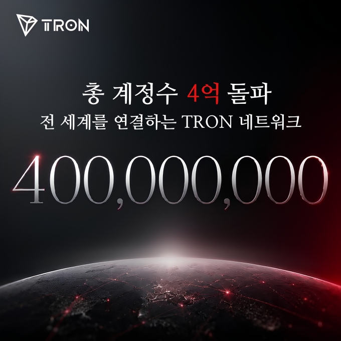 A promotional graphic for TRON cryptocurrency featuring the TRON logo, Korean text celebrating surpassing 400 million total accounts, and a view of Earth from space at the bottom.
