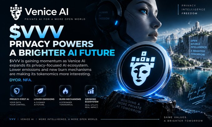 A promotional graphic for Venice AI featuring the token ticker $VVV, with the tagline 'PRIVACY POWERS A BRIGHTER AI FUTURE' and messaging about privacy-focused AI ecosystem expansion, lower emissions, and burn mechanisms.