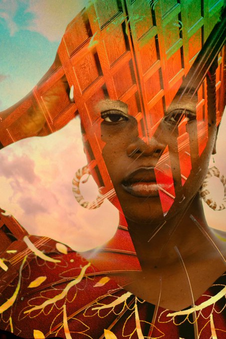 A stylized artistic portrait showing a woman's face merged with imagery of a wooden chair, clouds, and decorative elements in warm tones.