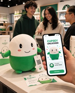 A plush green and white mascot labeled "CUPSEY" sits on a counter next to a smartphone displaying "CUPSEY UNLOCKED" and a "CONTINUE" button, tying into the user-created Cupsey meme token craze. The scene shows enthusiastic retail staff and customers interacting with branded merchandise at a store, reflecting the viral $cupsey movement's growing real-world presence.