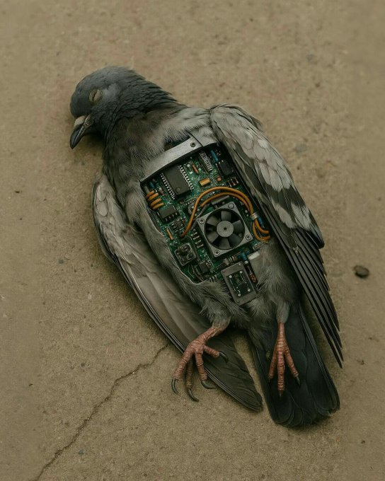 A surreal photograph of a deceased pigeon lying on cracked pavement, with its chest cavity replaced by exposed electronic components including a green circuit board, a small cooling fan, and colorful wiring.