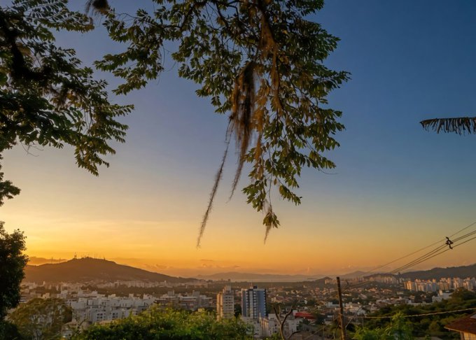 A scenic sunset view overlooking a city with mountains in the distance, framed by tree branches and hanging moss in the foreground under an orange and blue gradient sky.