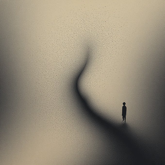 A minimalist illustration of a tiny silhouetted figure standing before an enormous, shadowy face rendered in stippled dots, evoking a sense of scale and solitude.