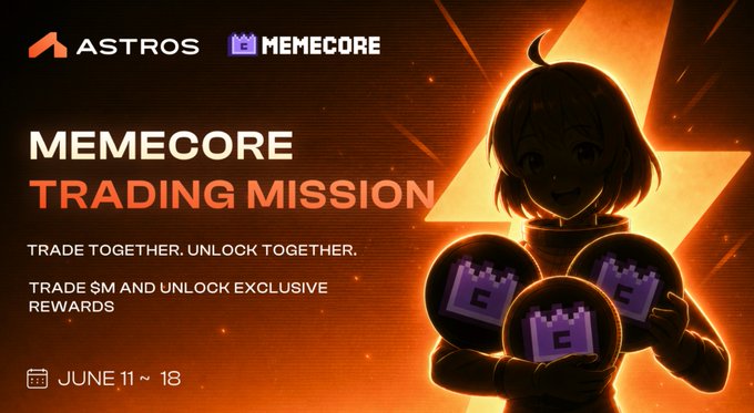 The focus of the image is an advertisement for a trading mission in meme culture called Memecore Trading Mission. The advertisement features a girl holding two coins with a lightning bolt symbol above her head, representing a trading system within meme culture. The poster displays text promoting the new service and offers rewards to those who participate.