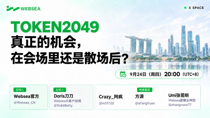 A Websea X Space promotional graphic for 'TOKEN2049 真正的机会, 在会场里还是散场后?' scheduled for September 24 at 20:00 (UTC+8), featuring host Websea官方 and guests including Doris刀刀, Crazy_阿寅, 方源, and Umi张若晖.