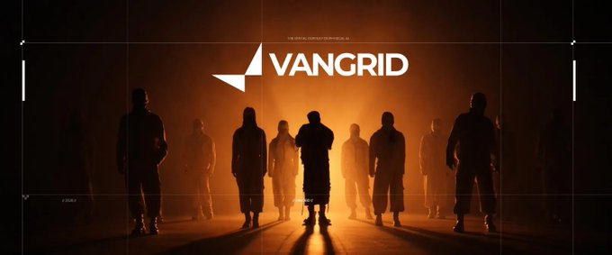 Silhouetted figures stand shrouded in orange haze beneath the "VANGRID" logo, evoking the emerging, atmospheric frontier of machine perception and 3D spatial mapping that the post describes as a still-early narrative.