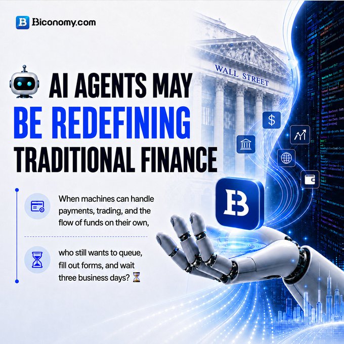 A Biconomy.com promotional graphic declares 'AI AGENTS MAY BE REDEFINING TRADITIONAL FINANCE' alongside imagery of a Wall Street building, a robotic hand, and financial icons.