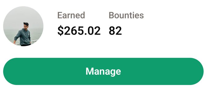 A user profile interface displaying a circular profile photo of a man, showing 'Earned' earnings of $265.02 and 'Bounties' of 82, with a large green 'Manage' button below.