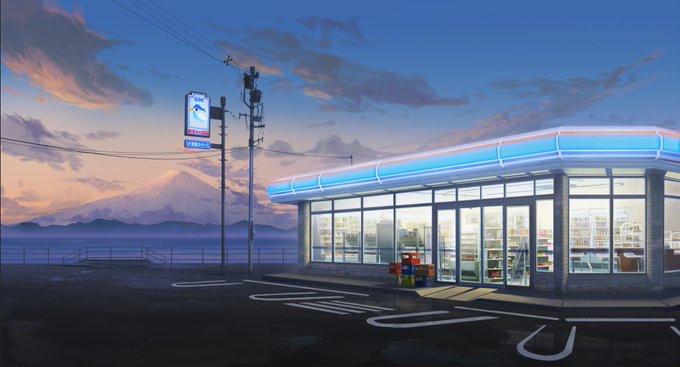 An anime-style illustration of a brightly lit convenience store with neon blue trim at dusk, set beside a road overlooking a distant Mount Fuji under a pink and orange sky.