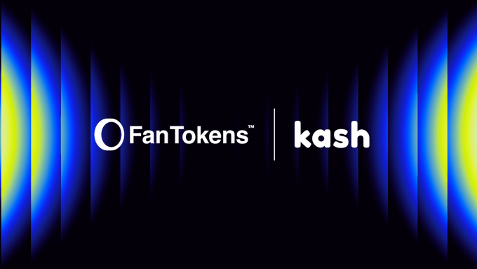 The image displays the logos of "FanTokens™" and "kash" against a black background with blue glowing vertical light effects on the sides, visually representing the partnership announced in the post between the two platforms to create a social-native prediction market on 𝕏 where football fans can settle winnings in National Team FanTokens.