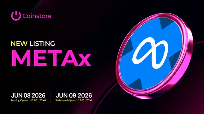The image features a pink coin with an "X" symbol, which appears to be a Metax coin. The text on the image reads "New listing Metax", indicating that this coin is being listed for sale by CoinStore. The post also mentions that there are two trading pairs scheduled to open at 17:00 (UTC+8) and that the website Xlink can be found in the bottom right corner of the image, providing more information about the coin listing process.