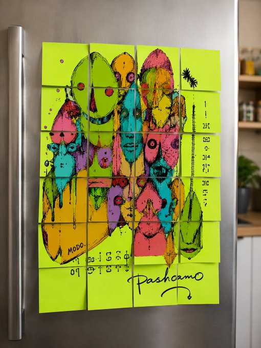 A magnet collage on a refrigerator featuring colorful pop-art style faces in pink, yellow, green, and purple, signed 'Paschamo' with 'MODO' text.