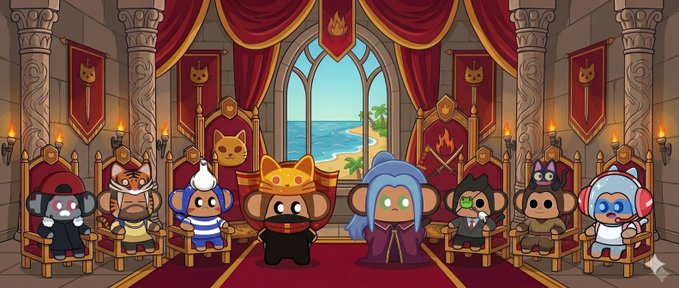 A group of cartoon Chimpers characters dressed as a royal court are gathered in a castle throne room, with a central monkey wearing a crown and cape while flanked by nobles in regalia. The image visually reinforces the post's message of treating the NFT project @ChimpersHQ like royalty.