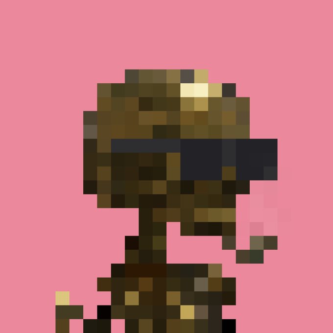 A pixel-art golden skull character wearing dark sunglasses against a solid pink background.
