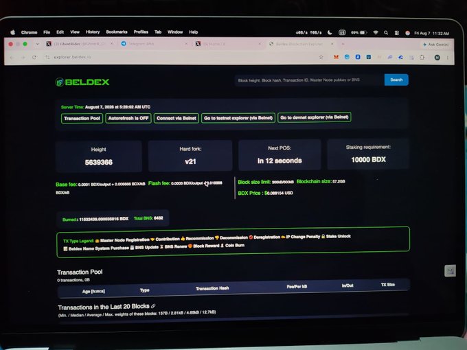 A laptop screen displaying the Beldex blockchain explorer dashboard, showing block height 5639366, staking requirements of 10000 BDX, and transaction pool information.