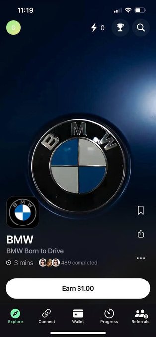 A mobile app screenshot displays a task for 'BMW' with the slogan 'BMW Born to Drive', showing '3 mins' and '489 completed', offering '$1.00' to earn.