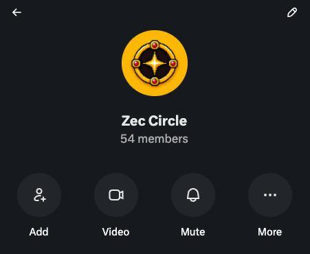 A mobile app interface for a group call titled "Zec Circle" with 54 members, showing icons for Add, Video, Mute, and More options.