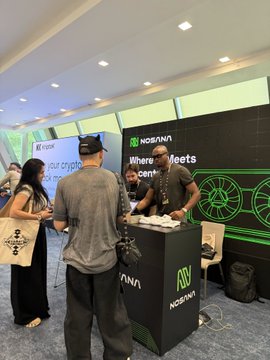 Attendees engage with representatives at the Nosana booth during Solana Summit Belgrade, as the company promotes its distributed GPU rendering network alongside other crypto projects. The scene reflects the post's highlight of connecting with builders in the Solana ecosystem on Day 2 of the event.