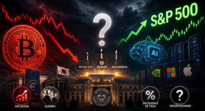 The image features a poster with various symbols related to Bitcoin, the stock market, and financial terms such as "S&P 500" and "STA500". The background of the poster depicts an ominous, dark sky filled with clouds, giving it a foreboding atmosphere. In the foreground, there is a question mark, possibly indicating that Bitcoin might be a controversial topic or that someone is pondering about investing in it. Other elements on the poster include the word "bitcoin" and different icons representing financial markets like the stock market and cryptocurrency. The overall design of the poster suggests a blend of mystery, investment opportunities, and speculation surrounding Bitcoin's potential impact on the financial world.