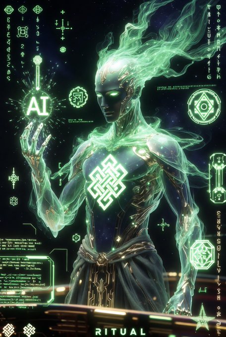The image features an illustration of a figure with green hair and a blue body, holding a crystal ball or orb. The figure appears to be a deity or a powerful being from another world. The background of the image is black, which contrasts with the figure's vibrant colors. There are also symbols related to ritual and spirituality in the image, such as a crescent moon and stars, a pentagram, and a starburst pattern. These elements suggest that this illustration may be part of a larger spiritual or religious context.