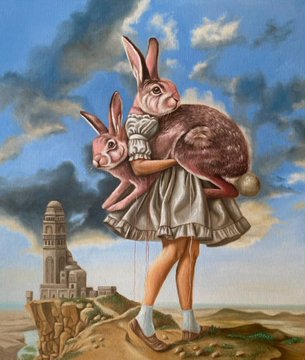 A surrealist painting of a girl in a white dress carrying a large brown rabbit with a small child's head poking out of it, set against a landscape with a tower.