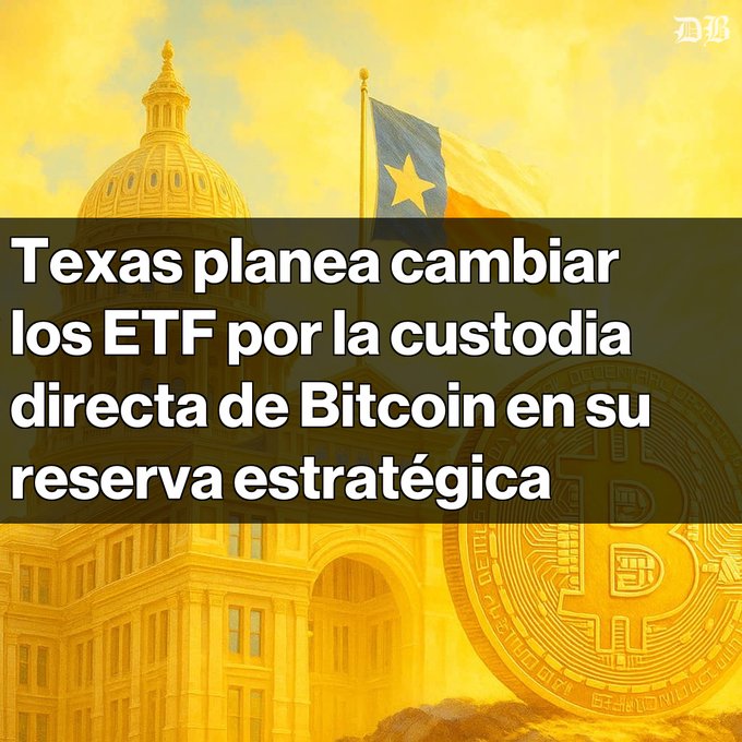 The image features a large golden coin with a Texas state flag flying above it. The caption of the image reads, "Texas avanza hacia la custodía directa de Bitcoin El estado crea un comité asesor para su Reserva Estratégica de Bitcoin". This phrase suggests that the coin is being used to promote the idea of a cryptocurrency reserve or investment fund. The coin's golden appearance and Texas flag symbolize the state's economic power, while the reference to "Texas Planera camBIAR" implies that this could be an investment opportunity in Texas.

The image also includes text in Spanish about Bitcoin and its potential benefits for Texans. This indicates that the post is targeting a Spanish-speaking audience interested in cryptocurrency or investing in Texas.