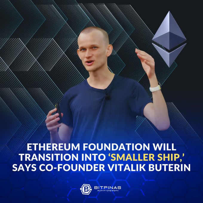 The image features a man standing against a blue background with white lines, holding up his hand as if giving a speech or presentation. The text "Ethereum Foundation will transition into 'smaller ship', @VitalikButerin This News is Part of the BitPinas Crypto News Recap:".