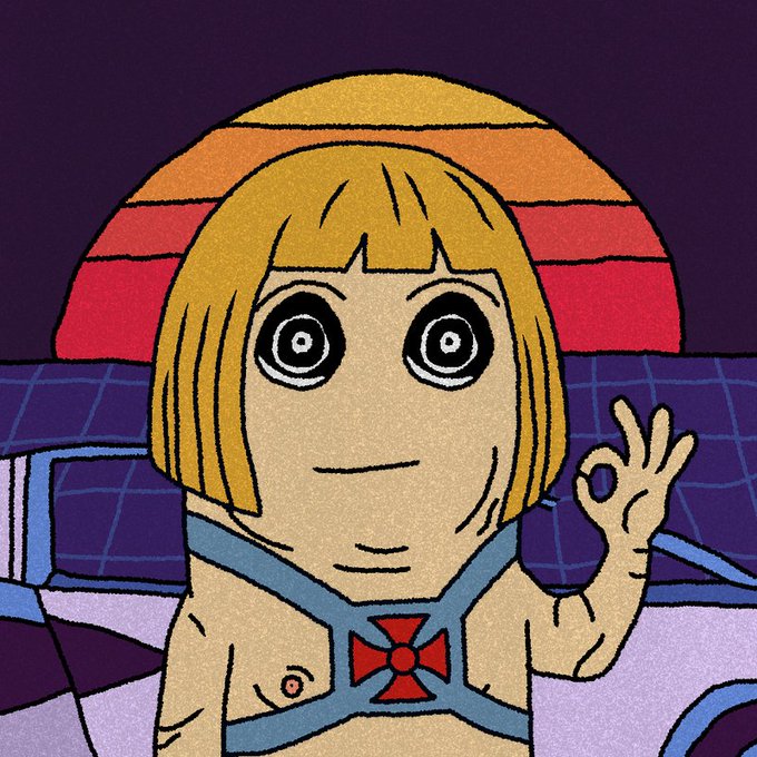 An animated drawing of a wide-eyed blonde girl with a bob haircut wearing a blue harness with a red bow, making an 'OK' hand gesture.
