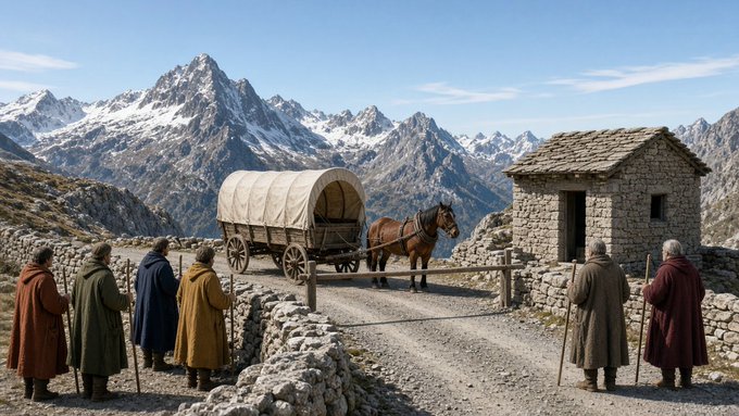 A group of robed figures with walking sticks gather near a horse-drawn covered wagon and a stone hut in a mountainous, snow-capped landscape.