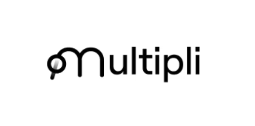 A black and white logo featuring a stylized magnifying glass forming the letter 'M' in the word 'Multipli'.