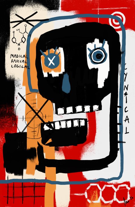A striking neo-expressionist artwork features a bold black skull-like face with mismatched X and eye motifs, surrounded by red, orange, and blue elements, along with visible text reading "RADICAL," "LOGICAL," "MEDICAL," and "LYNICAL." The accompanying post celebrates the second sale of an art piece titled "Absurd" to collector @CryptoKid1981, suggesting this vibrant piece is the second installment in the collection.