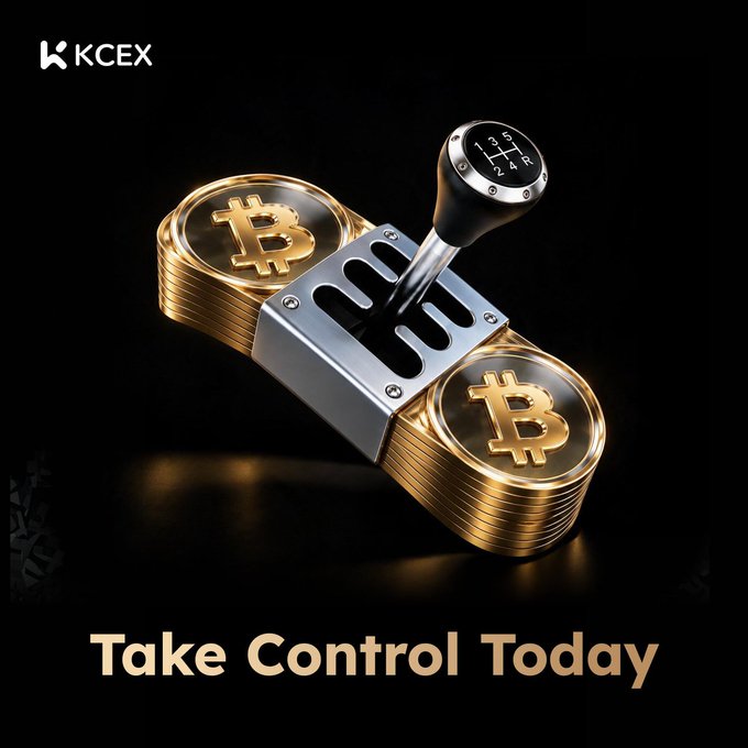 A KCEX advertisement features a manual gear shift attached to stacks of Bitcoin coins with the slogan "Take Control Today".