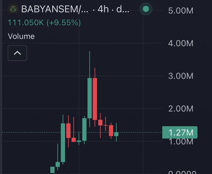 A candlestick trading chart for 'BABYANSEM' showing a price of 111.050K (+9.55%) with volume bars and a current price marker at 1.27M.