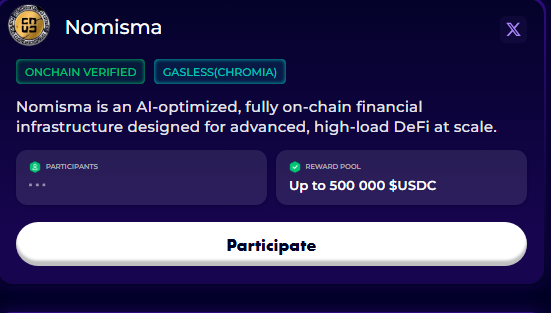 A dark-themed promotional card for 'Nomisma,' an AI-optimized on-chain financial infrastructure on Chromia, offering up to 500,000 $USDC reward pool with a 'Participate' button.