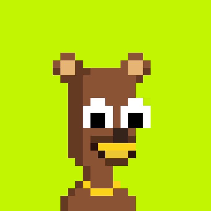 A pixel art style image of a brown bear or beaver character with large white eyes and a yellow muzzle against a bright lime green background.